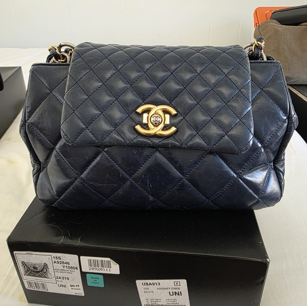Chanel Navy Blue Quilted Shoulder To Crossbody Bag